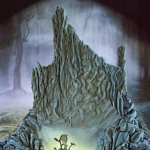 Image similar to A beautiful sculpture of a coffin being carried by six men through an ethereal, otherworldly landscape. The coffin is adorned with a relief of a skull and crossbones, and the men are all wearing hooded cloaks. The landscape is eerie and foreboding, with jagged rocks and eerie, glowing plants. DayGlo blue, gold by Ted Nasmith improvisational