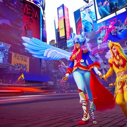 Prompt: photorealism of crystal maiden and lina from the game dota 2 walking exploring times square