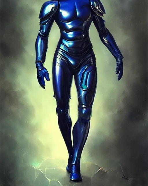 Image similar to iridescent sinewy smooth muscular male sleek glossy bluish black pearlescent scifi armor with smooth black featureless helmet, by greg rutkowski, mark brookes, jim burns, tom bagshaw, magali villeneuve, eve ventrue, trending on artstation