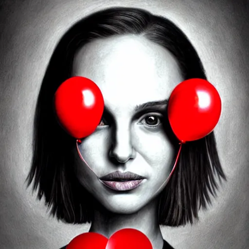 Prompt: surrealism grunge cartoon portrait sketch of natalie portman with a wide smile and a red balloon by - michael karcz, loony toons style, mona lisa style, horror theme, detailed, elegant, intricate