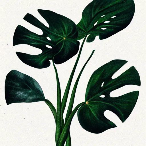 Prompt: botanical illustration of a monstera made out of metal with hinges and industrial parts