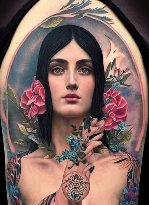 Prompt: beautiful enlightened woman instagram influencer with tattoos, tattooed skin, oil painting, robe, symmetrical face, dark ritual myth, by john william godward, anna dittman, sandra chevrier masterpiece