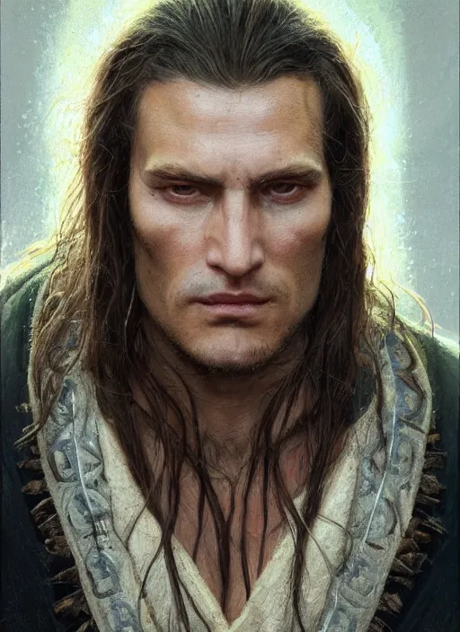 Image similar to a shaman in his late twenties with long light brown hair tied back, a large forehead, a widows peak and a round face with high cheekbones as a realistic d & d fantasy character, portrait art by donato giancola and greg rutkowski, vintage retro, realistic face, digital art, trending on artstation