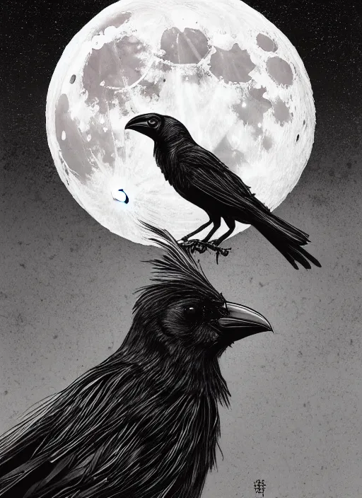 Image similar to portrait, A crow in front of the full big moon, book cover, red white and black colors, establishing shot, extremly high detail, foto realistic, cinematic lighting, pen and ink, intricate line drawings, by Yoshitaka Amano, Ruan Jia, Kentaro Miura, Artgerm, post processed, concept art, artstation, matte painting, style by eddie mendoza, raphael lacoste, alex ross