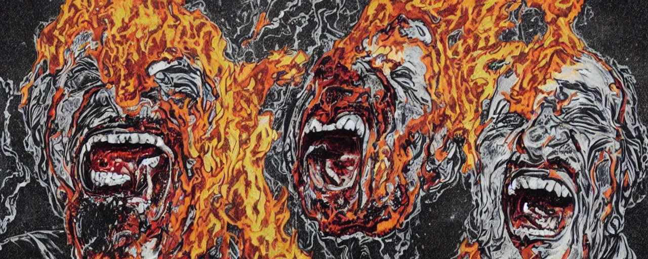 Image similar to portrait of a mad man screaming and laughing with lava bursting from the eyes, black ink stain, by Jim Phillips,