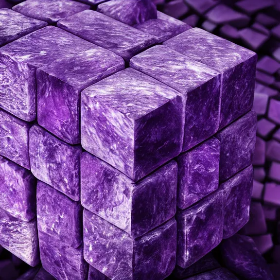 Image similar to a 4 k photorealistic photo close up of a purple stone cube, mysterious.