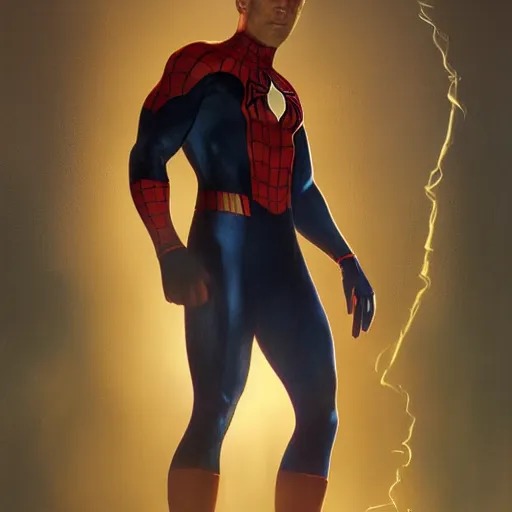 Image similar to ryan reynolds as a black and blue suit spider - man, cinematic, volumetric lighting, f 8 aperture, cinematic eastman 5 3 8 4 film, photorealistic by greg rutkowski, by stanley artgerm, by alphonse mucha