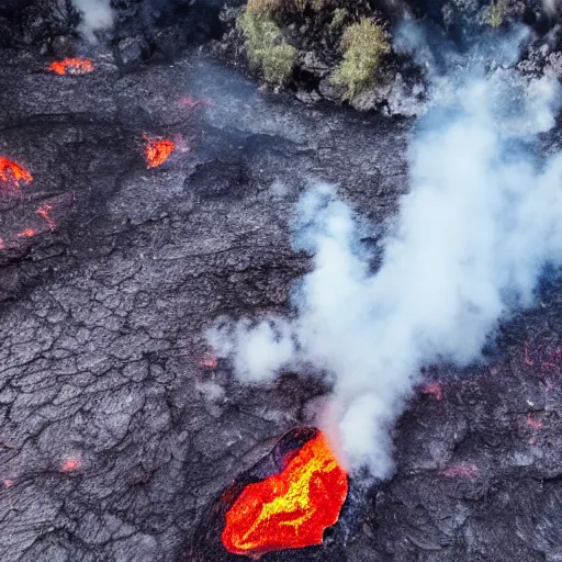 Image similar to candid photograph of a mythological dragon!!! bathing in lava, active volcano, cryptid, unexplained phenomena, drone photography, 8k