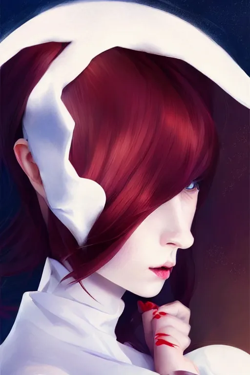 Prompt: beautiful pale vampire with auburn hair in a white turtleneck dress, on a super yacht, by guweiz and wlop and ilya kuvshinov and and moebius, artgerm, symmetrical eyes, aesthetic, gorgeous, stunning, alluring, attractive, half body portrait, artstation, deviantart, pinterest, digital art