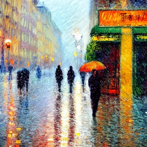 Prompt: rainy street, impressionism