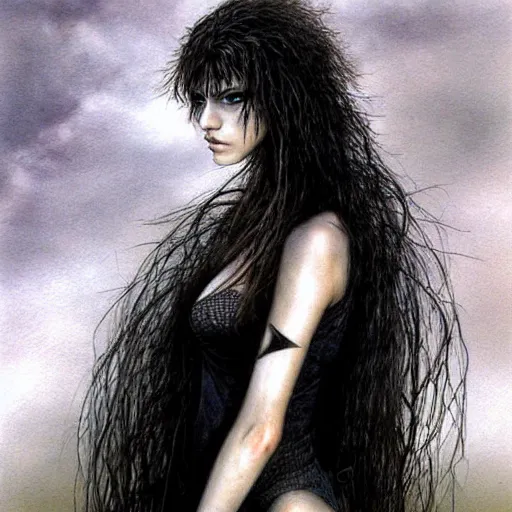 Prompt: half human half raven teen girl by Luis Royo