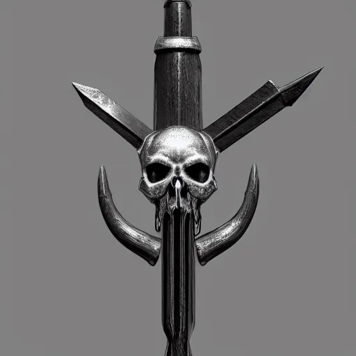 Prompt: a black sword skull crest, ornament, weapon, a 3 d render by dom qwek, studio lighting, front side view, trending on polycount, hard surface modeling, rendered in maya, 3 ds max, blender, artstation hd, vray