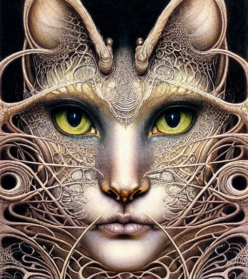Prompt: detailed realistic beautiful bast cat goddess face portrait by jean delville, gustave dore, iris van herpen and marco mazzoni, art forms of nature by ernst haeckel, art nouveau, symbolist, visionary, gothic, neo - gothic, pre - raphaelite, fractal lace, intricate alien botanicals, biodiversity, surreality, hyperdetailed ultrasharp octane render
