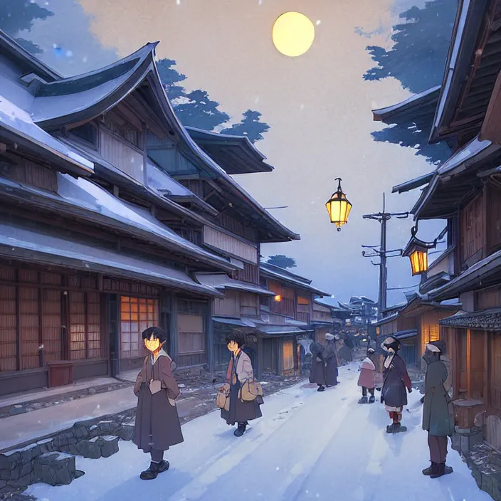 Image similar to empty rural japanese town at night, winter, in the style of studio ghibli, j. c. leyendecker, greg rutkowski, artem