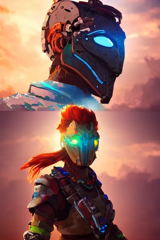 Image similar to combination suit armor aloy horizon forbidden west horizon zero dawn radiating a glowing aura global illumination ray tracing hdr fanart arstation by ian pesty and alena aenami artworks in 4 k tribal robot ninja mask helmet backpack