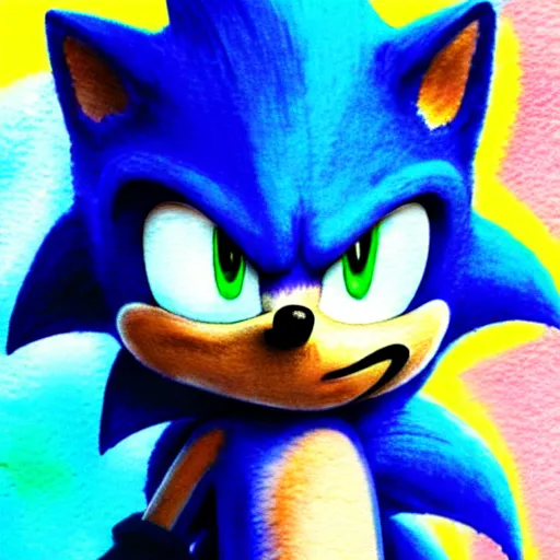 Prompt: a stylized watercolor portrait of Sonic the Hedgehog, ghibli, 4K, gorgeous lighting, soft pastels