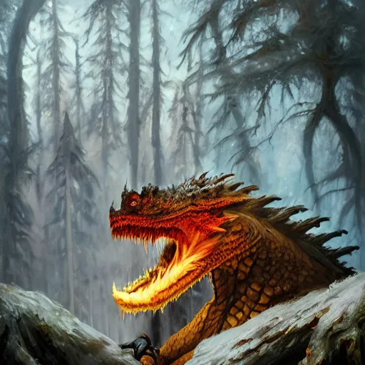 Image similar to oil painting of dragon in cold forest, dnd character, fantasy, magic, realistic textured skin, big lizard head, eagle feather, glowing eyes, clear clean, artgem, boris valejo, goro fujita, frank frazetta, heavy metal style, trending on artstation, digital painting, julie bell, beautiful, very detailed, pixar