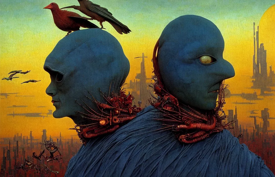 Image similar to realistic detailed portrait movie shot of a birdman wearing dark ragged robes, sci fi city sunset landscape background by denis villeneuve, amano, yves tanguy, alphonse mucha, ernst haeckel, max ernst, roger dean, masterpiece, rich moody colours, bird head, blue eyes