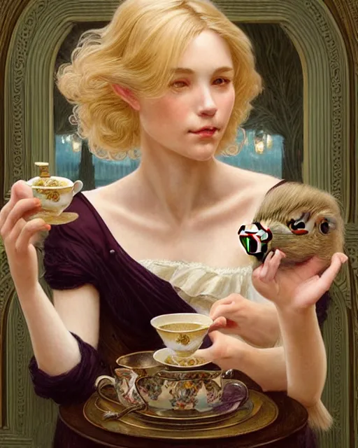 Prompt: Portrait of a blonde lady & a mallard & a pig having tea at the Ritz, real life skin, intricate, elegant, highly detailed, artstation, concept art, smooth, sharp focus, art by artgerm and greg rutkowski and alphonse mucha