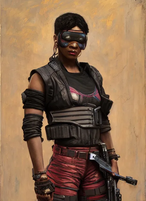 Image similar to Isabel igwe. cyberpunk mercenary wearing a military vest and combat jumpsuit. (Cyberpunk 2077, bladerunner 2049). Iranian orientalist portrait by john william waterhouse and Edwin Longsden Long and Theodore Ralli and Nasreddine Dinet, oil on canvas. Cinematic, vivid color, hyper realism, realistic proportions, dramatic lighting, high detail 4k