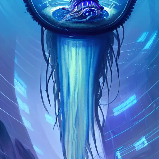 Image similar to Panorama hyper detailed painting of a cyberpunk jellyfish, blue tones, underwater, 8 mm, highly detailed, digital painting, artstation, concept art, smooth, sharp focus, illustration, art by artgerm and greg rutkowski and alphonse mucha W 2000