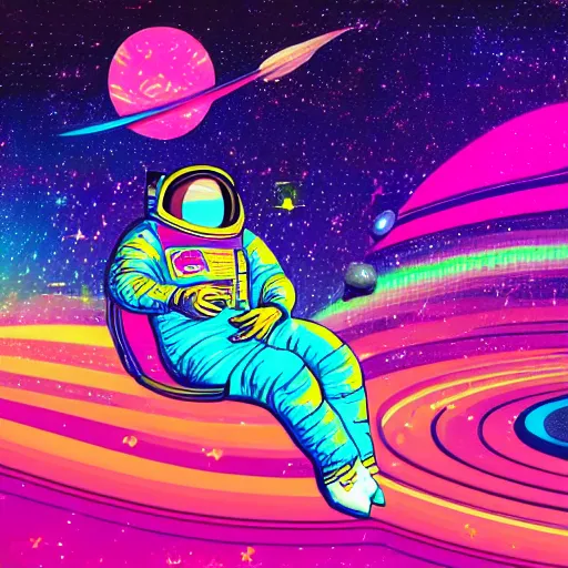 Image similar to Medium shot of an astronaut relaxing in space designed by Lisa Frank, digital art, cartoon art, acrylic, bokeh, synthwave, retro,