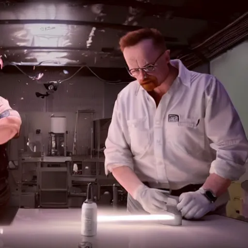 Prompt: Elon musk and Walter white making methamphetamine. 8k ultra realistic, award winning, unreal engine 5, masterpiece, atmosphere glow, hyperrealistic, focused, extreme details, cinematic