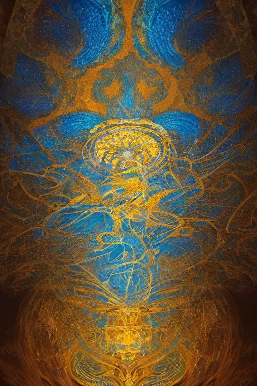 Image similar to floral and gear art deco abstract patterns, blue and gold, 8 k, powerfull, intricate, elegant, volumetric lighting, digital painting, highly detailed, artstation, sharp focus, illustration, concept art, ruan jia, steve mccurry, beksinski