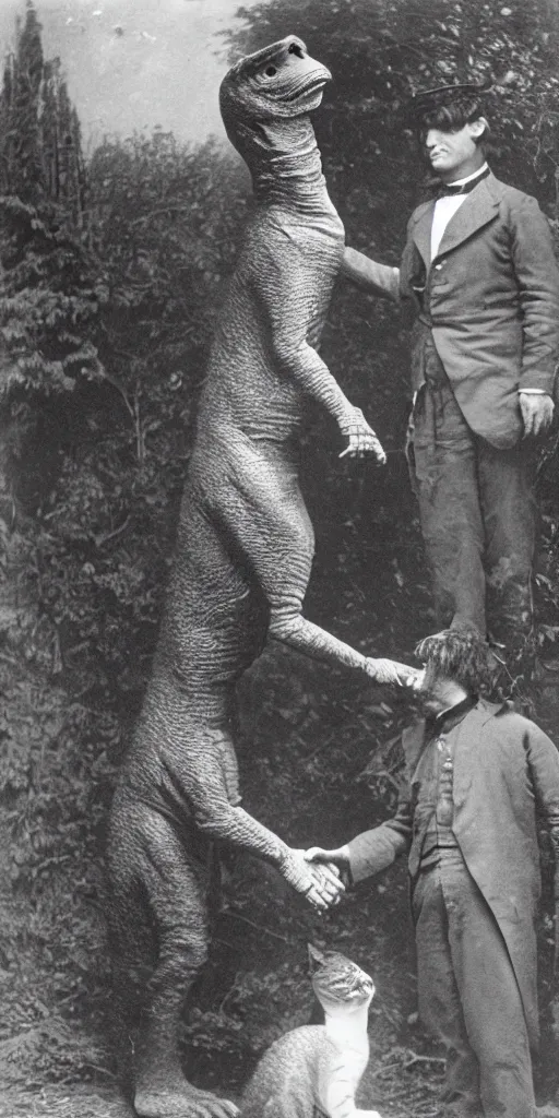 Image similar to tall t rex shaking hands with a cat, Business men. anamorphic, strange, photograph, 1860s