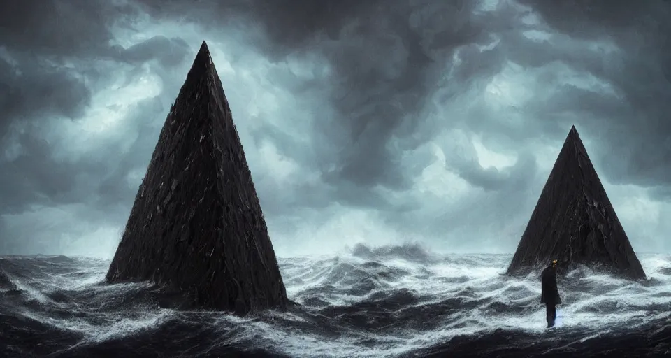 Image similar to black lovecraftian eldritch!! obsidian pyramid!! with a man standing on top of it on a snowy island, raging stormy seas, shadow of a creature in the background by eugene von guerard, ivan shishkin, night, red lightning!!, storm!, dramatic lighting, concept art, trending on artstation, 8 k