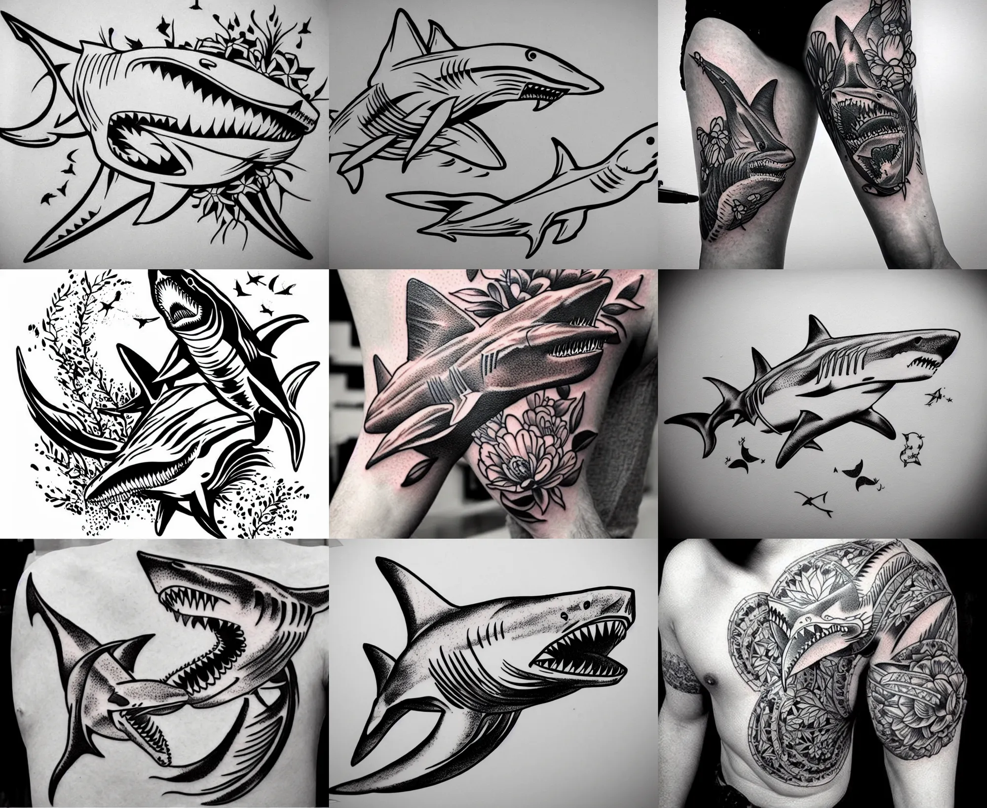 Image similar to detailed amazing tattoo stencil of a floral shark hunting