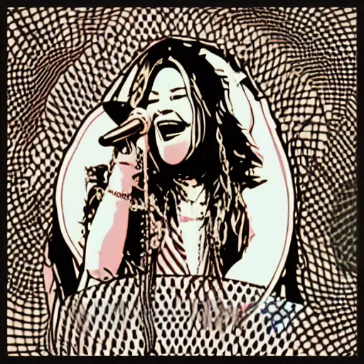 Image similar to 1 9 7 0 - janice joplin singing into the microphone, swagger, sticker - art, svg vector, adobe - illustrator