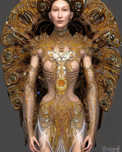 Image similar to a highly detailed metahuman 4 k close up render of an alien goddess bella hadid as sixwinged seraphim in iris van herpen dress schiaparelli in diamonds crystals swarovski and jewelry in style of alphonse mucha gustav klimt trending on artstation made in unreal engine 4