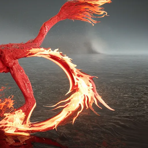 Prompt: A creature made of water and fire, dynamics and flows, meets a creature made of earth and air, in a clash of elements, 8k render, maya and zbrush, by Andrei Riabovitchev