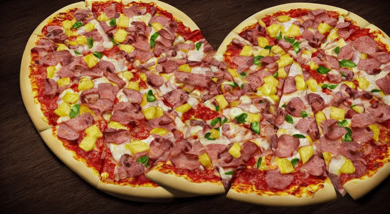 Prompt: one round tasty pizza on a plat in a restaurant with pineapple and ham, the restaurant is at the coast of italy, ultra realistic, artstation