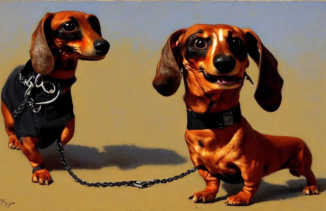 Image similar to a sausage dog on a leash!!!!!!!!!!!!!!!!!!!!!!!!!!!, detailed face, detailed painting,, epic lighting, by ilya repin, phil hale and kent williams