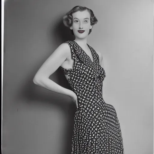 Image similar to a vintage 1 9 4 0 s photograph of a fashionable german pale skin, shoulder length hair lady posing in a photographer's studio. she is wearing a patterned dress with a sleeveless top in the fashion of the late 1 9 4 0 s.