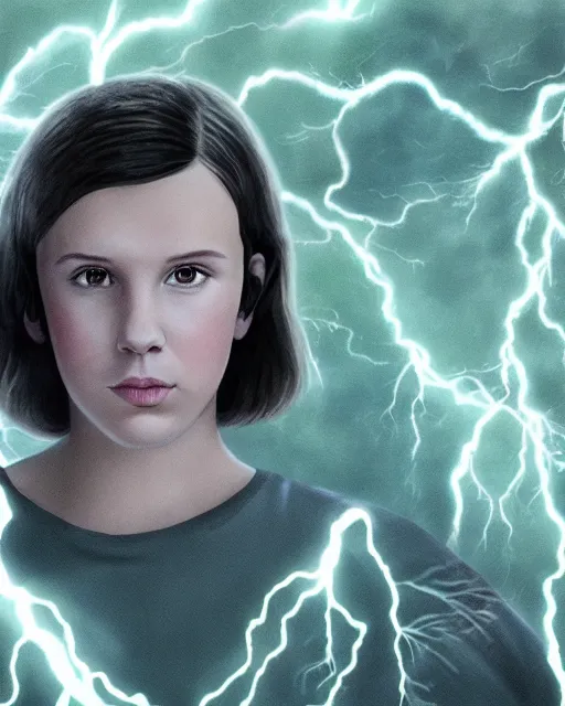 Prompt: Portrait of Millie Bobby Brown in a jungle of lightning