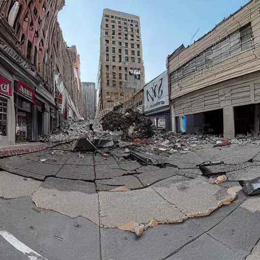 Prompt: wide panoramic view of a street being shattered by a horizontal shockwave tearing through the middle of each building