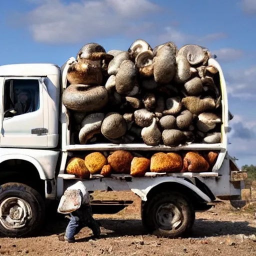 Image similar to dwarf trucker carries mushrooms on a Kamaz truck