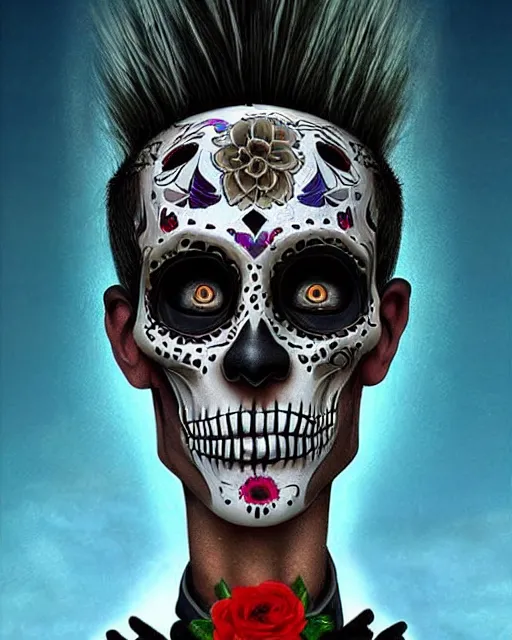 Prompt: dia de los muertos hombre theme surrealist art in the styles of igor morski, jim warren, and a tim burton film, intricate, hyperrealistic, accurate facial details, profile picture with chromakey!!!!! background, volumetric lighting