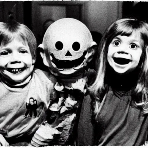 Image similar to a unsettling image of a happy childrens tv show, eerie, spooky photo, 1 9 8 0 s photo
