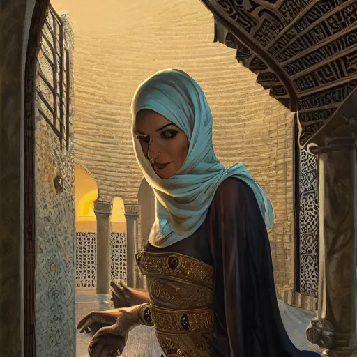 Image similar to detailed face of an arabic woman, opulent courtyard, moment, tectonic sky, skydome, reactor, utopian, tech noir, wet reflections, prism, atmospheric, ambient, pj crook, syd mead, livia prima, artgerm, greg rutkowski, nick alm, casey baugh