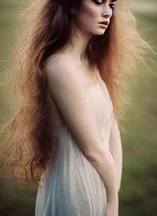 Prompt: cinestill 5 0 d photo portrait of a beautiful woman, delicate, dreamy, subsurface scattering, long hair floating in air in style of gilles zimmermann, 5 0 mm lens, f 2. 4, sharp focus, ethereal, emotionally evoking, head in focus, soft blur light, matt dreamy colour scheme, volumetric lighting, hyperrealistic, ultradetailed