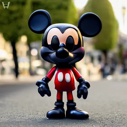 Image similar to a life-sized talking uncanny valley funko pop of mickey mouse, wandering in the streets of Paris high quality very detailed with shadows 4k