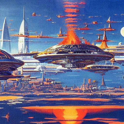 Prompt: a highly detailed scene of a floating city from the far future by robert mccall