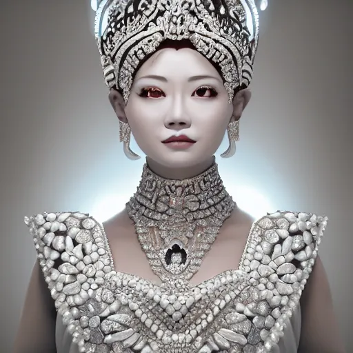 Image similar to portrait of wonderful asian princess of white diamond with fair skin, ornate with white diamonds, 8 k, gorgeous, intricate, detailed, glowing white accent lighting, dramatic lighting, octane render