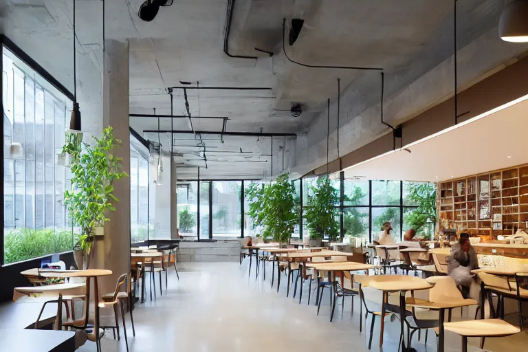 Prompt: a beautiful office building cafe amenity space with sleek modern design by SOM with large windows