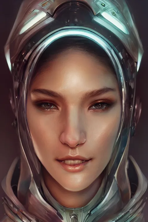 Image similar to Portrait of beautiful smiling Ultra realistic illustration, beautiful alluring female cyborg, cyberpunk, sci-fi, fantasy, intricate, elegant, highly detailed, digital painting, artstation, concept art, smooth, sharp focus, illustration, art by Yintion J , Jiang Geping and artgerm and greg rutkowski and alphonse mucha.