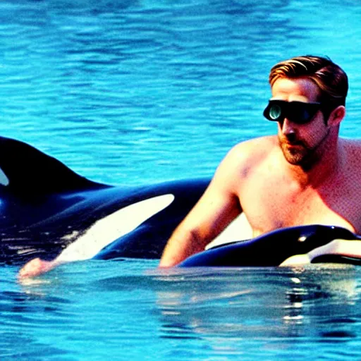 Prompt: ryan gosling in swimming trunks and cyberpunk style goggles rides a killer whale in a vulcano